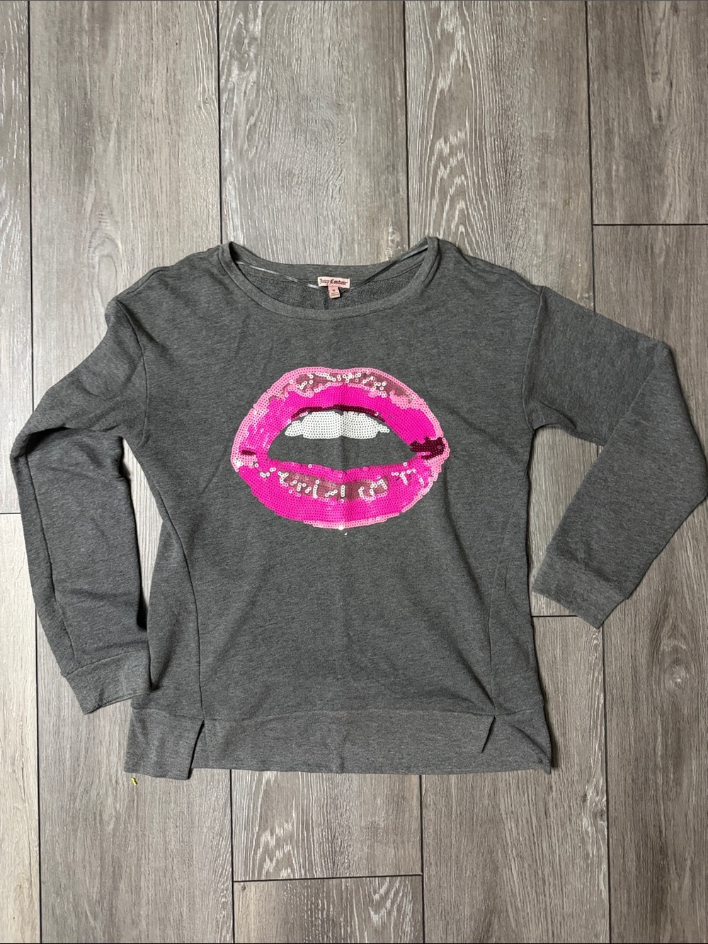 Juicy Couture Gray Long Sleeve Sweatshirt with Pink Sequin Lipstick